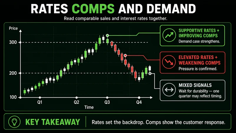 Annotated chart showing how rates, comparable sales, and housing data influence Home Depot stock