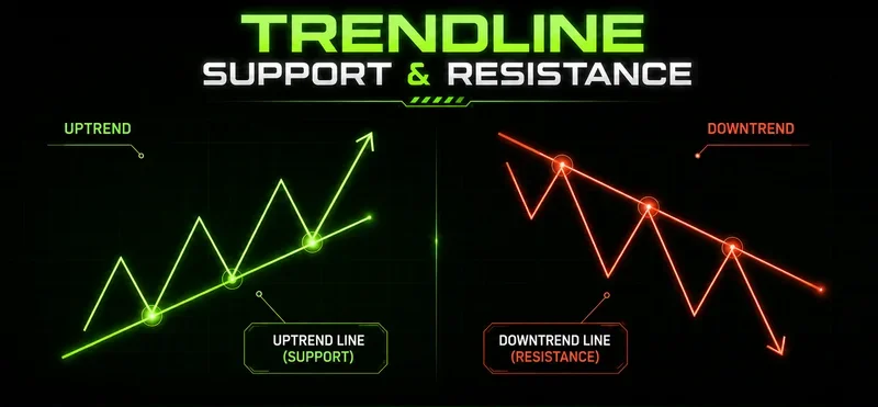 Trendline support and resistance showing an uptrend line acting as support and a downtrend line acting as resistance.