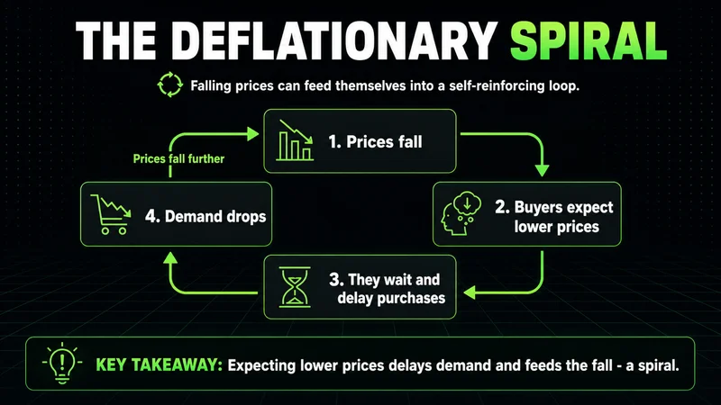 Neon loop diagram of the deflationary spiral where falling prices feed themselves