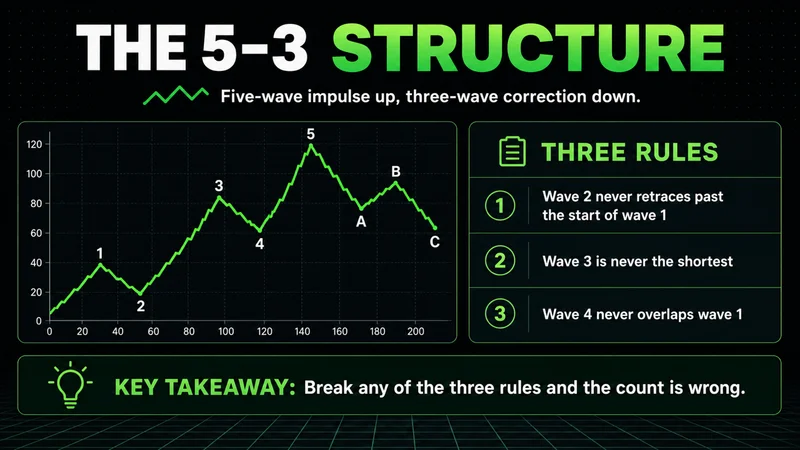 Neon Elliott wave 1-2-3-4-5 and A-B-C structure with the three core rules
