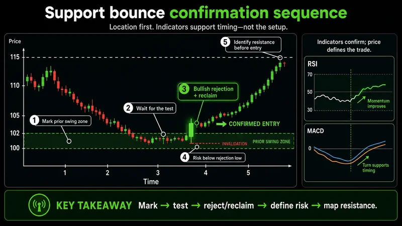 Annotated support bounce showing rejection, RSI recovery, invalidation, and resistance target