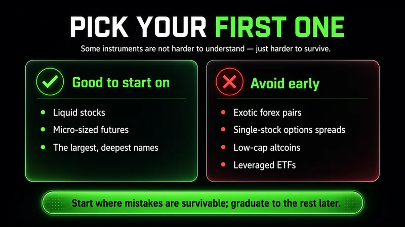 Two-card comparison titled "Pick Your First One" — good to start on liquid stocks, micro-sized futures and the largest deepest names, while avoiding early exotic forex pairs, single-stock options spreads, low-cap altcoins and leveraged ETFs; start where mistakes are survivable.