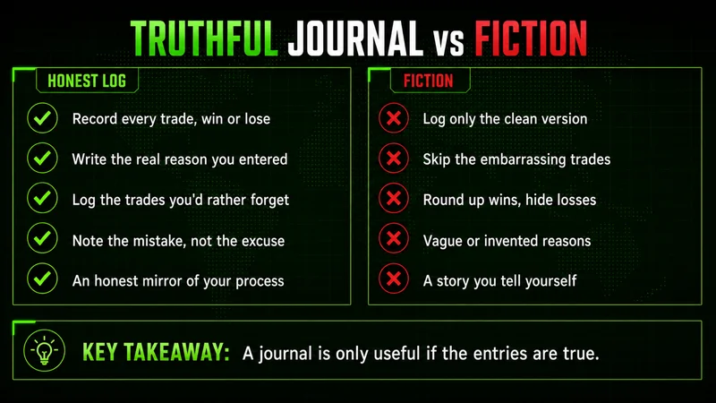 Truthful journal vs fiction: an honest log checklist beside a fiction list that hides losses and invents reasons