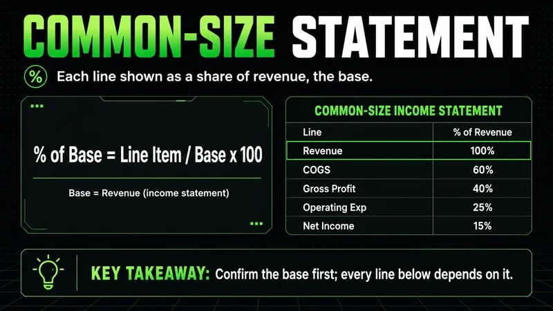 Neon common-size income statement table with the vertical analysis formula, each line as a percent of revenue