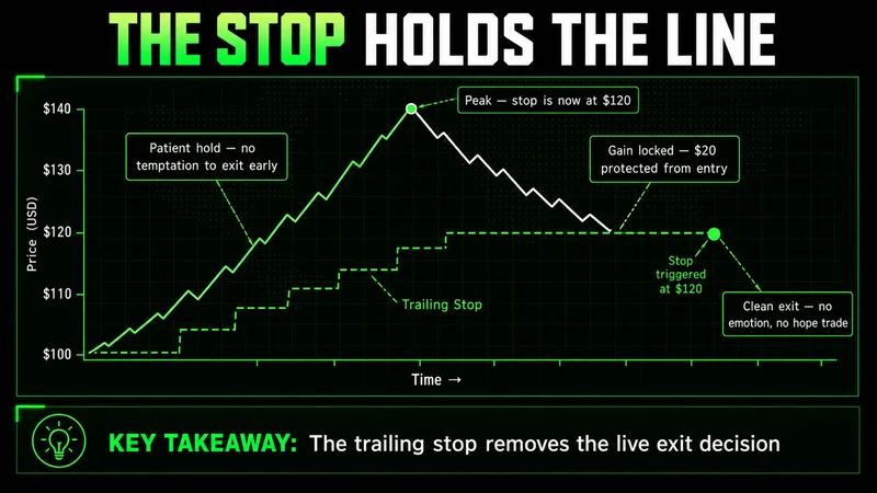 Line chart where a stepped trailing stop holds below price, locking $20 from entry and triggering at the $120 peak