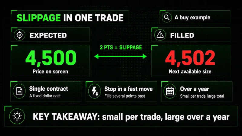 Slippage in one trade: expected 4,500 on screen versus filled 4,502, a 2-point gap, small per trade but large over a year