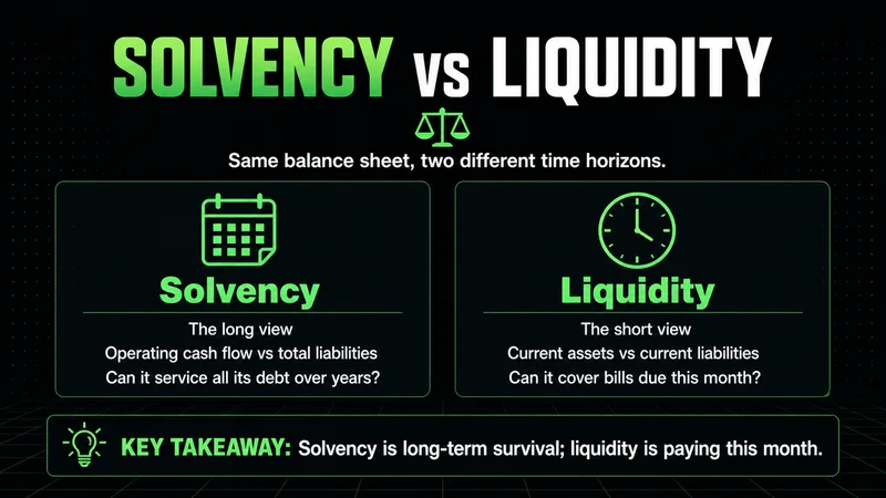 Neon side-by-side panels contrasting the solvency ratio (long view) with the liquidity ratio (short view)