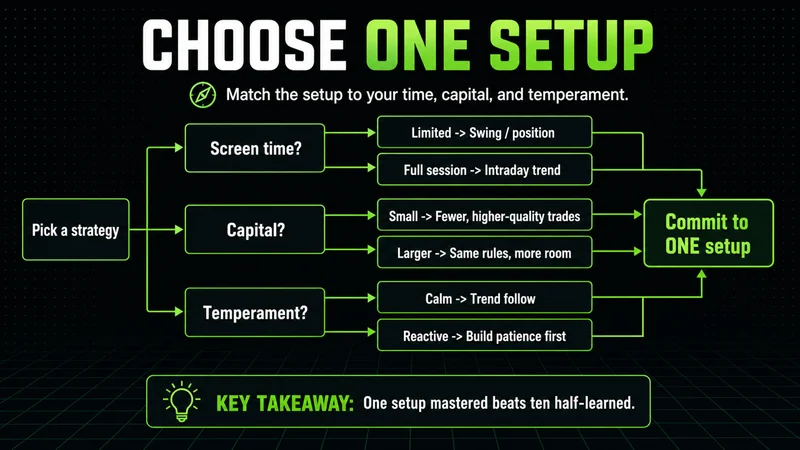 Decision tree diagram for choosing one beginner trading strategy by matching screen time, capital, and temperament to a single committed setup