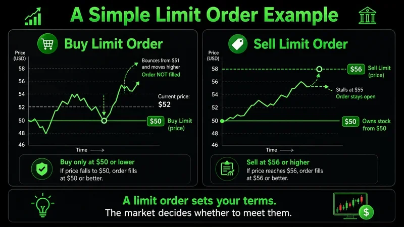 Limit order example infographic explaining buy and sell limit orders for beginner stock traders.