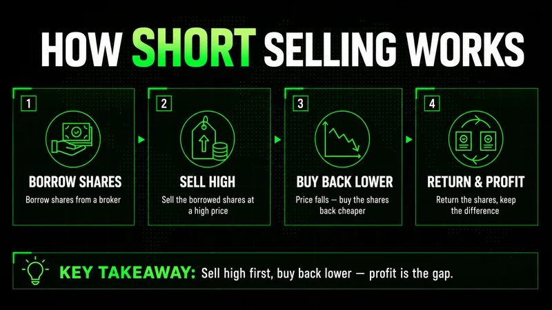 How short selling works: 4-step diagram — borrow shares, sell high, buy back lower, return shares and keep the gap