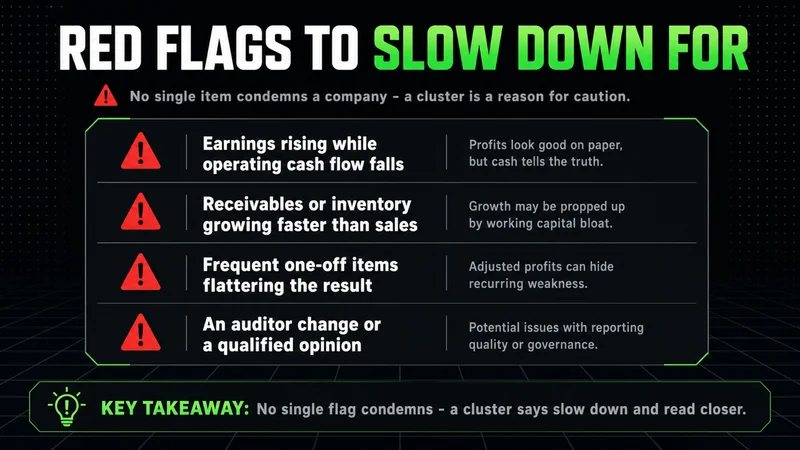 Neon checklist of annual report red flags such as earnings rising while operating cash flow falls