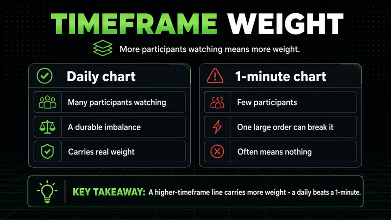 Comparison titled "Timeframe Weight" — a daily chart with many participants and a durable imbalance carries real weight, while a one-minute chart with few participants where one order can break the line often means nothing.