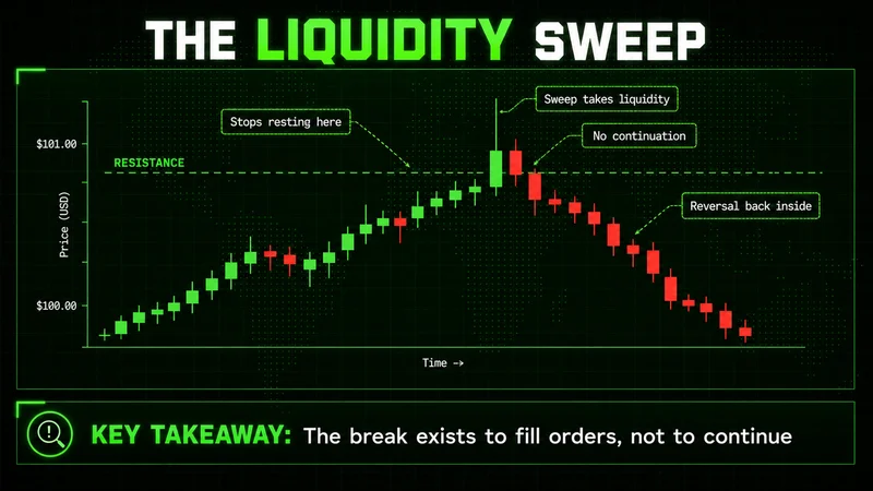 Annotated candlestick chart showing a liquidity sweep: price wicks above resistance, then reverses back inside the range