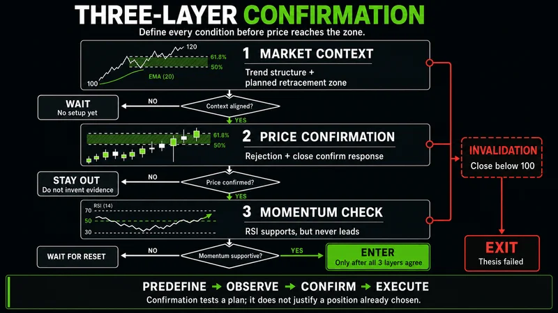 Decision tree showing Fibonacci location, EMA trend, and RSI momentum confirmation