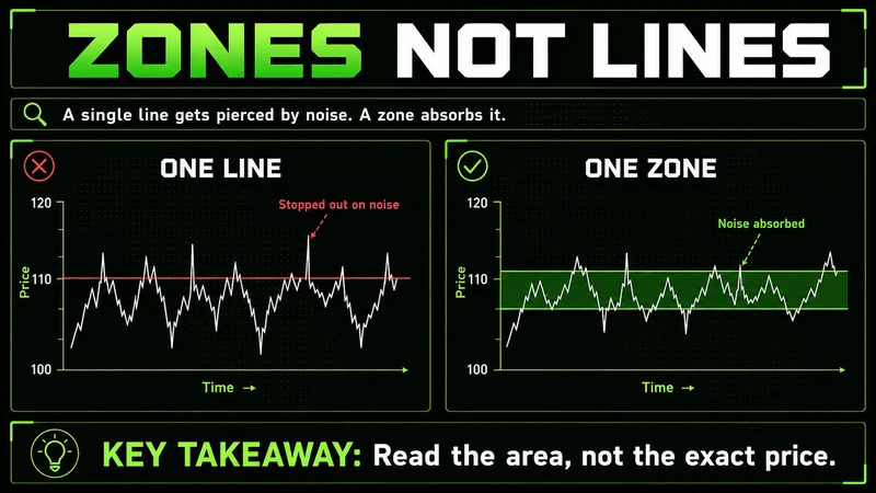 Side-by-side charts: a single line stopped out on noise versus a zone band absorbing the same noise