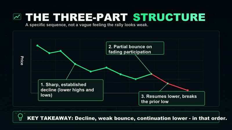 Neon annotated chart of the three-part dead cat bounce: decline, weak bounce, continuation lower