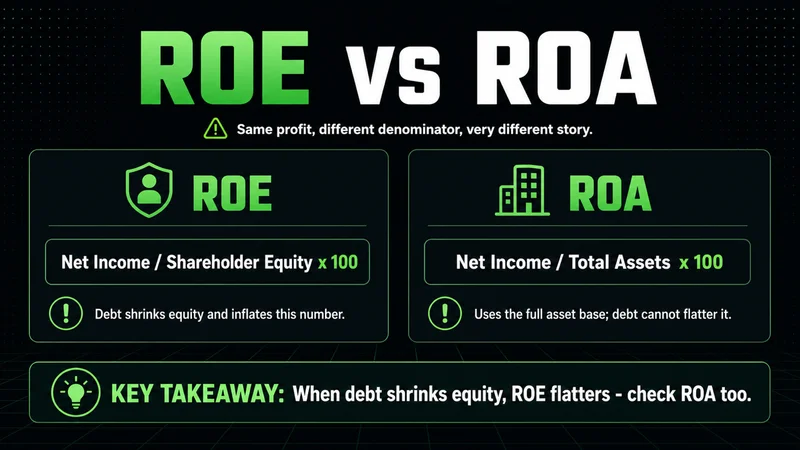 Neon panels contrasting the return on equity and return on assets formulas and how debt flatters ROE