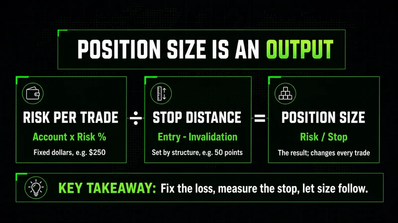 Position sizing diagram: risk per trade divided by stop distance equals position size, the output that changes per trade