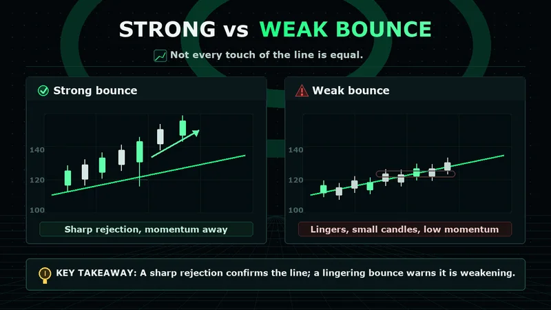 Neon charts contrasting a strong sharp-rejection bounce with a weak lingering bounce on a trendline