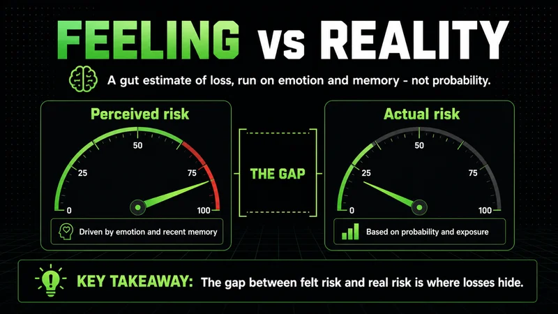 Neon twin gauges showing perceived risk higher than actual risk, with the gap between them