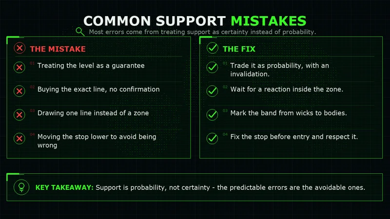 Two-column table of common support mistakes in red versus the fixes in green, treating support as probability not certainty