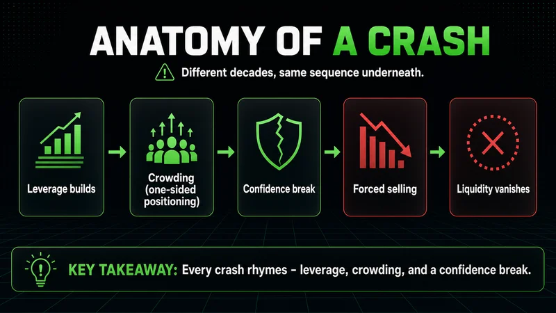 Neon cascade of a market crash: leverage, crowding, confidence break, forced selling, liquidity vanishing