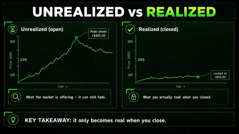 Two line charts comparing an unrealized +$300 peak that fades against a flatter realized P&L locked in at +$150 on close