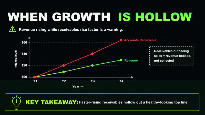 Neon line chart where accounts receivable rises faster than revenue, signalling hollow top-line growth