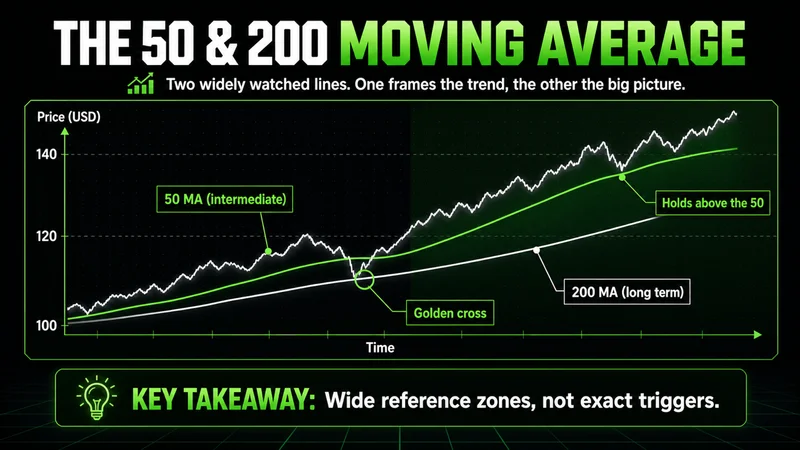Chart with the 50 and 200 moving average and a golden cross marking the long-term uptrend