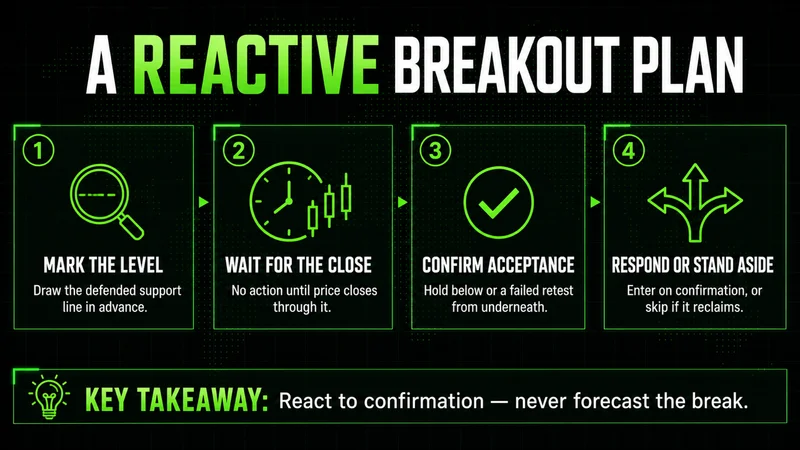 Four-step breakout plan icons: mark the level, wait for the close, confirm acceptance, then respond or stand aside