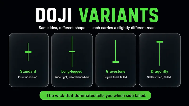 Four-card comparison titled "Doji Variants" — Standard (pure indecision), Long-legged (wide fight, resolved nowhere), Gravestone (buyers tried, failed), and Dragonfly (sellers tried, failed) — noting the wick that dominates tells you which side failed.