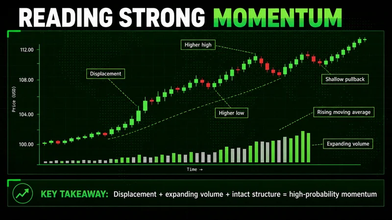 Annotated uptrend chart marking displacement, higher highs and lows, a shallow pullback, and expanding volume