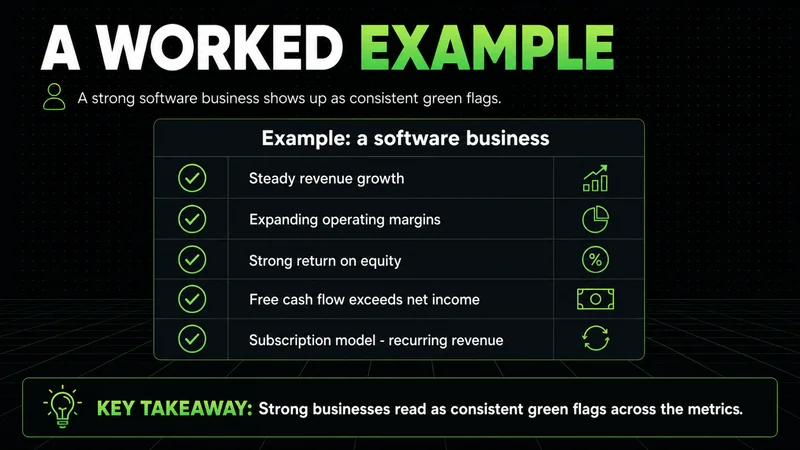 Neon profile of a strong software business showing consistent green flags