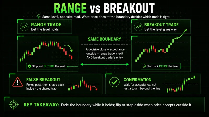 Side-by-side neon comparison infographic of range trading versus breakout trading at the same resistance level, fade-the-edge versus trade-the-break, with entry, stop and invalidation labeled for each