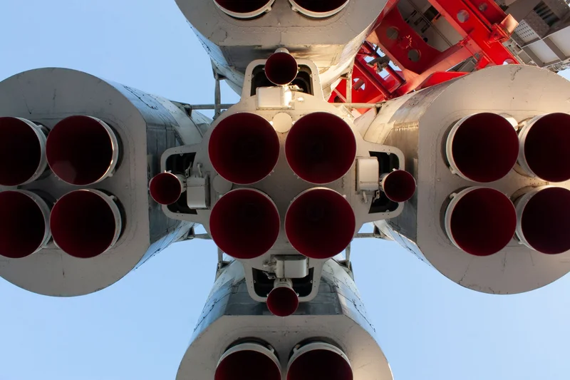 Rocket engines positioned above a launch platform