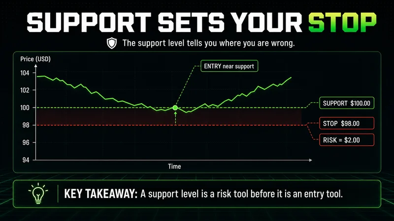 Chart showing a support level setting your stop: entry near $100 support, stop at $98, risk = $2.00 below it