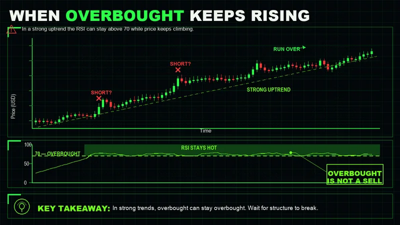 RSI line pinned above the 70 overbought level while price keeps rising in a strong uptrend, failing two shorts