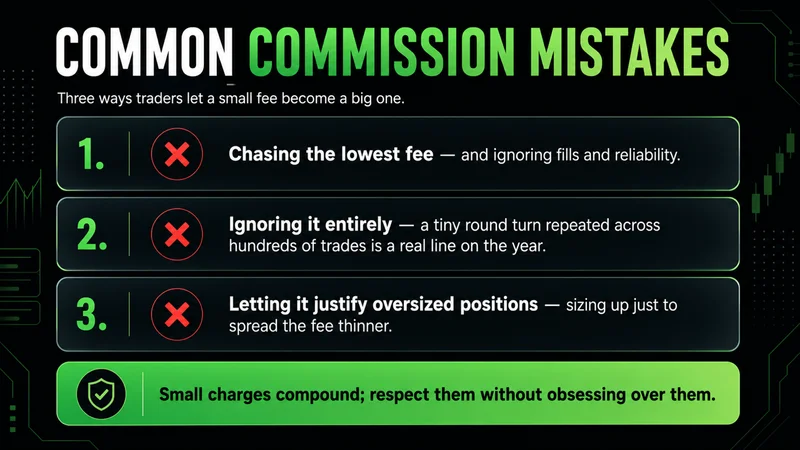 Three-point list titled "Common Commission Mistakes" — chasing the lowest fee while ignoring fills and reliability, ignoring commission entirely as tiny round turns add up across hundreds of trades, and letting it justify oversized positions.