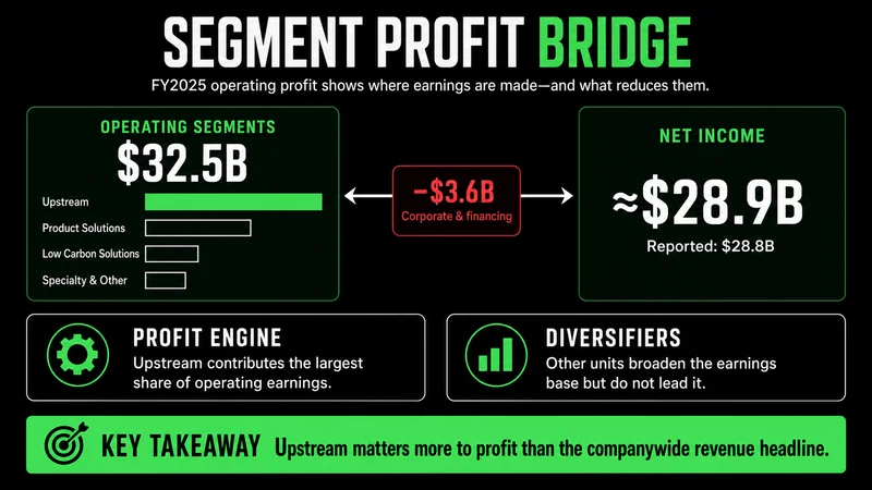 Exxon Mobil FY2025 segment profit bridge led by $21.4 billion from Upstream