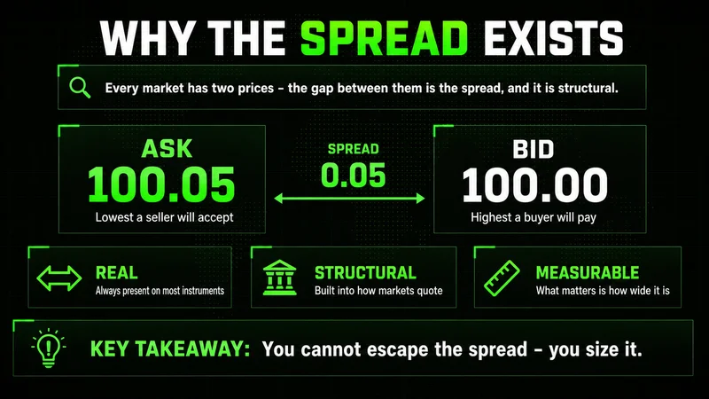 Diagram of why the spread exists: ask 100.05 a seller will accept, bid 100.00 a buyer will pay, 0.05 gap between