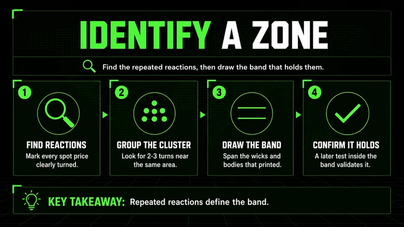 Four-step guide to identify a support and resistance zone: find reactions, group, draw the band, confirm