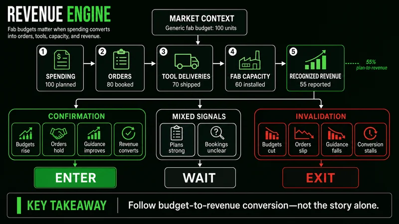 Revenue engine diagram linking fabrication spending, equipment orders, tools, capacity, and recognized revenue