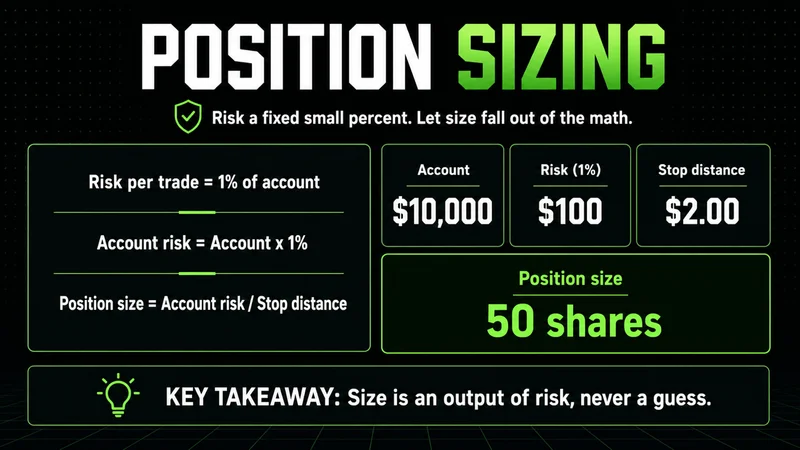 Infographic showing the position sizing formula and a worked example: a 10,000 dollar account risking 1 percent with a 2 dollar stop distance produces a 50 share position