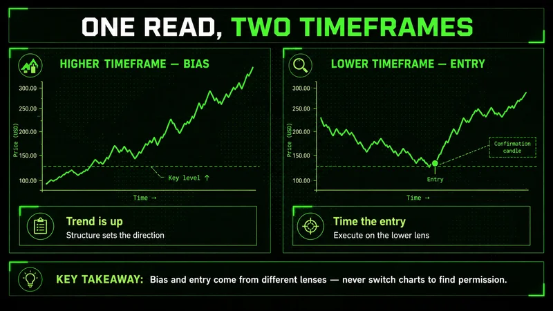 Paired panels: higher-timeframe structure sets bias, lower-timeframe chart times the entry.