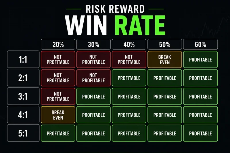 Risk-reward and win rate showing profitable, break-even, and not profitable trading outcomes from 1:1 to 5:1 ratios.