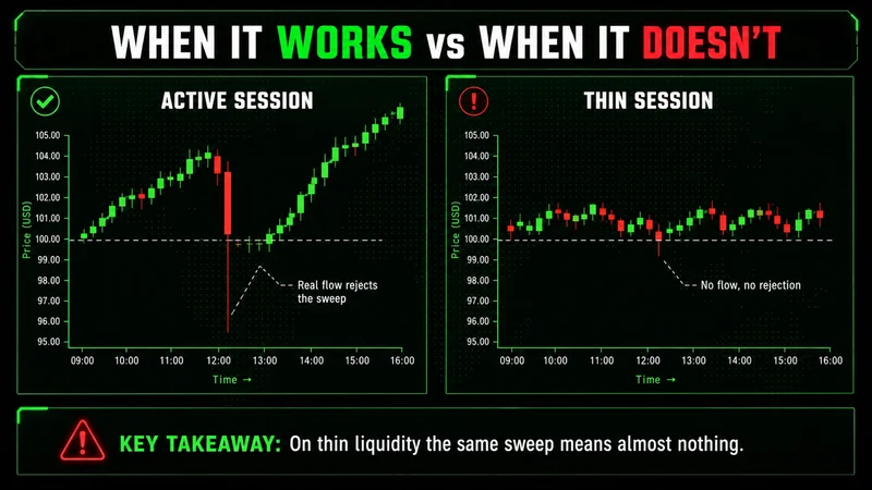 Two panels comparing a clean liquidity sweep rejection in an active session with a driftless sweep in a thin session