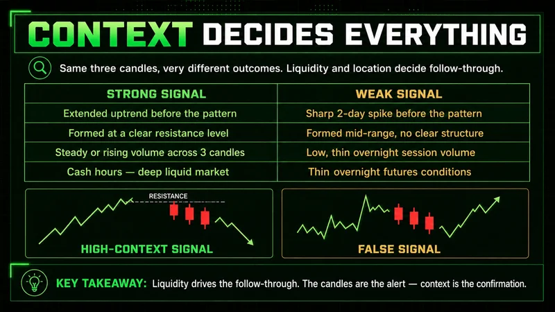 Comparison table of strong versus weak three black crows signals, contrasting high-context and false-signal charts