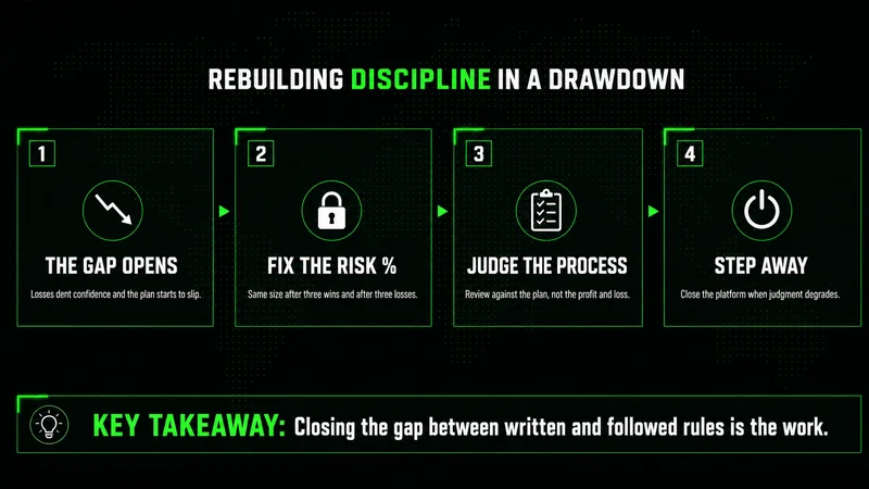 Four steps to rebuild risk discipline in a drawdown: spot the gap, fix risk %, judge the process, step away