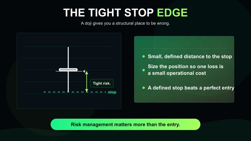 Chart titled "The Tight Stop Edge" showing a doji with a stop line just beyond its far wick and a short tight-risk arrow, with notes that a small defined distance to the stop lets you size so one loss is a small operational cost — risk management matters more than the entry.
