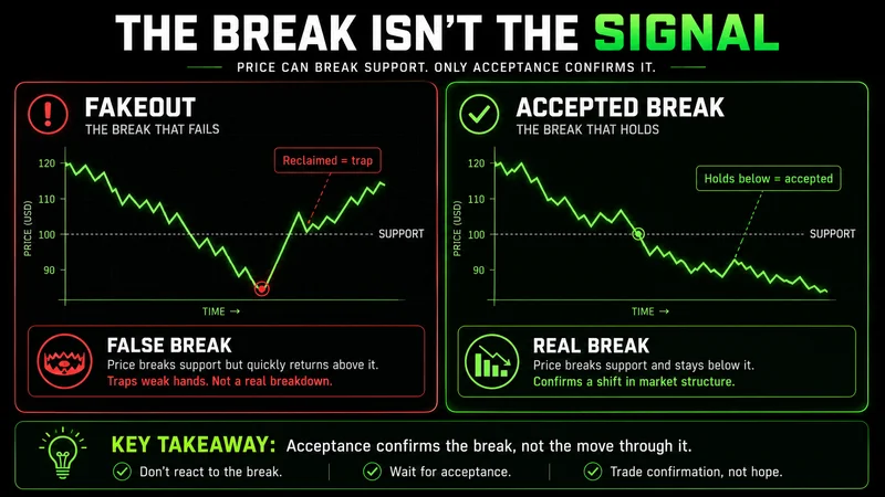 Two-panel chart contrasting a fakeout that reclaims support with an accepted support breakout that holds below it
